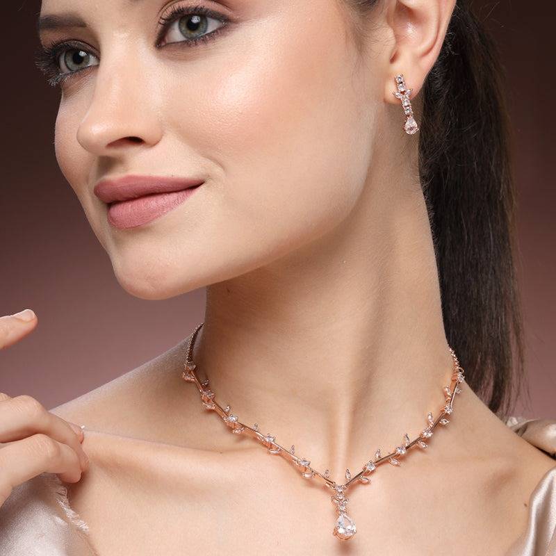 Timeless Elegance: American Diamond Leaf Motif Necklace Set – Chic Lightweight Jewelry For Reception Nights : AD-854-RGWENKER