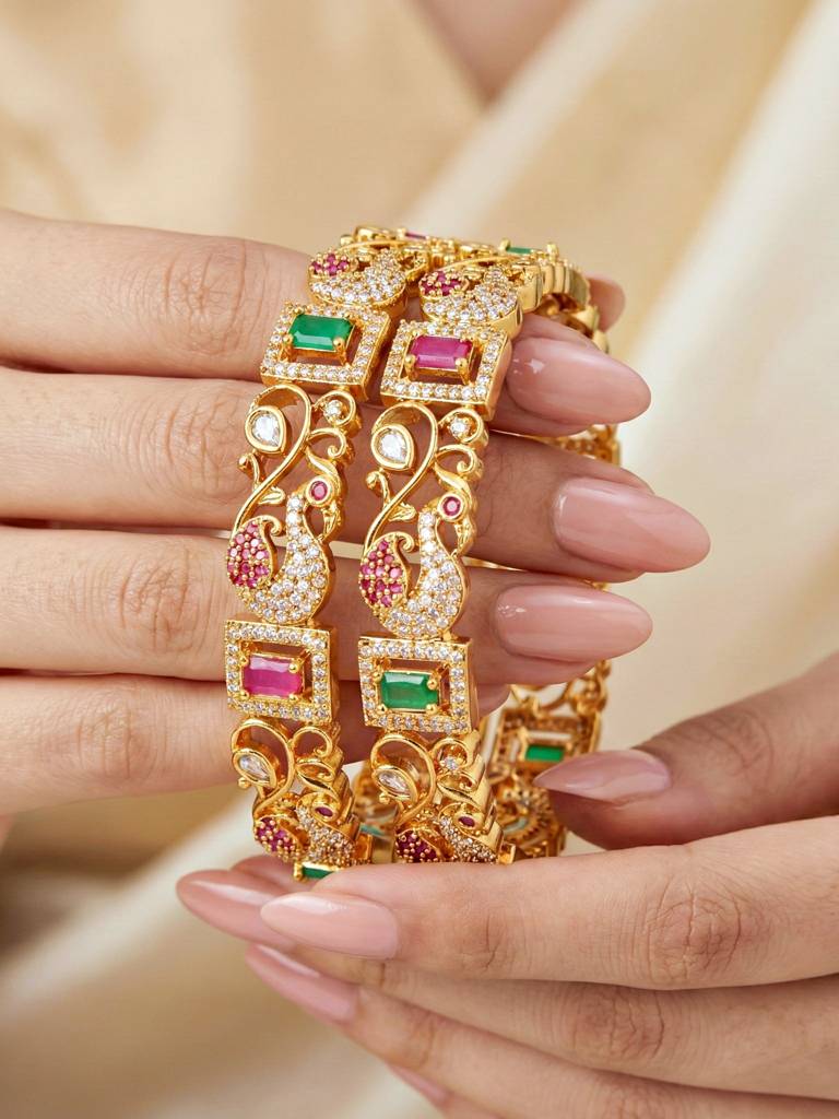 Gold Plated Peacock Design Ad Stone Bangle For Women With Pink & Green Stones | Designer Wedding Festive : 1817-C1BG-2227-2-24