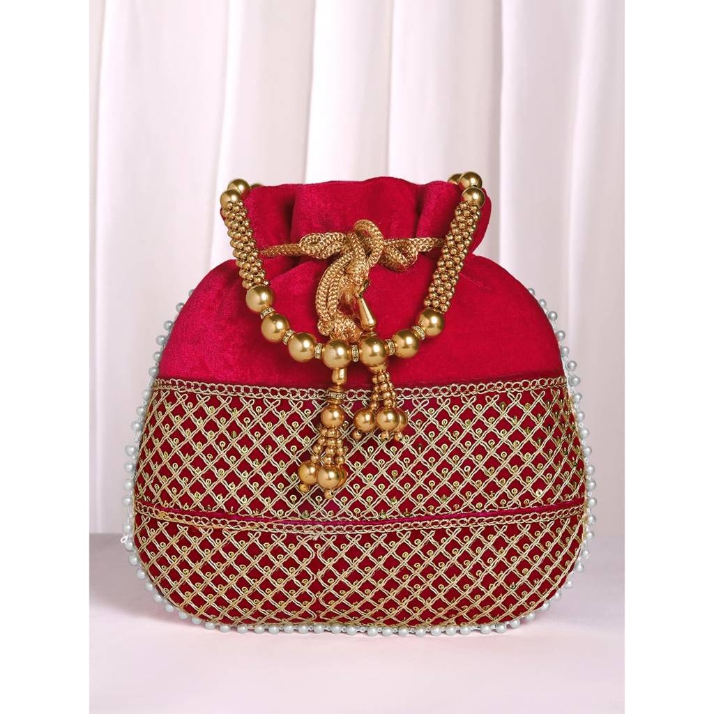Zari Sequence Potli Bag With Beads Motif Handle For Women Handmade Handbag Stylish Bride Fashion Wristlet Bag For G : P197RP-F
