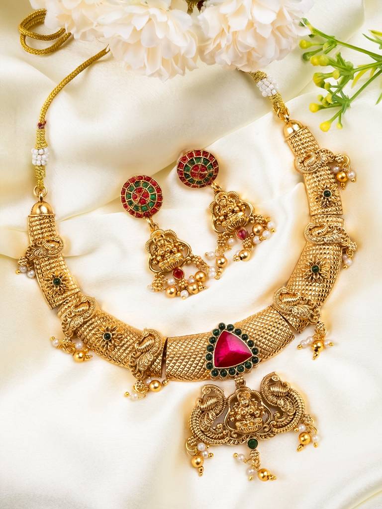 Traditional Temple Green Necklace Set : SATJS369RED