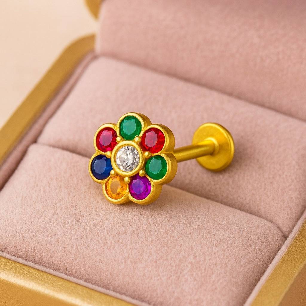 White Cz Center Navratna Floral  Nose Pin 925 Sterling Silver Gold-Plated : NP-0033-N-1-snp-0023
