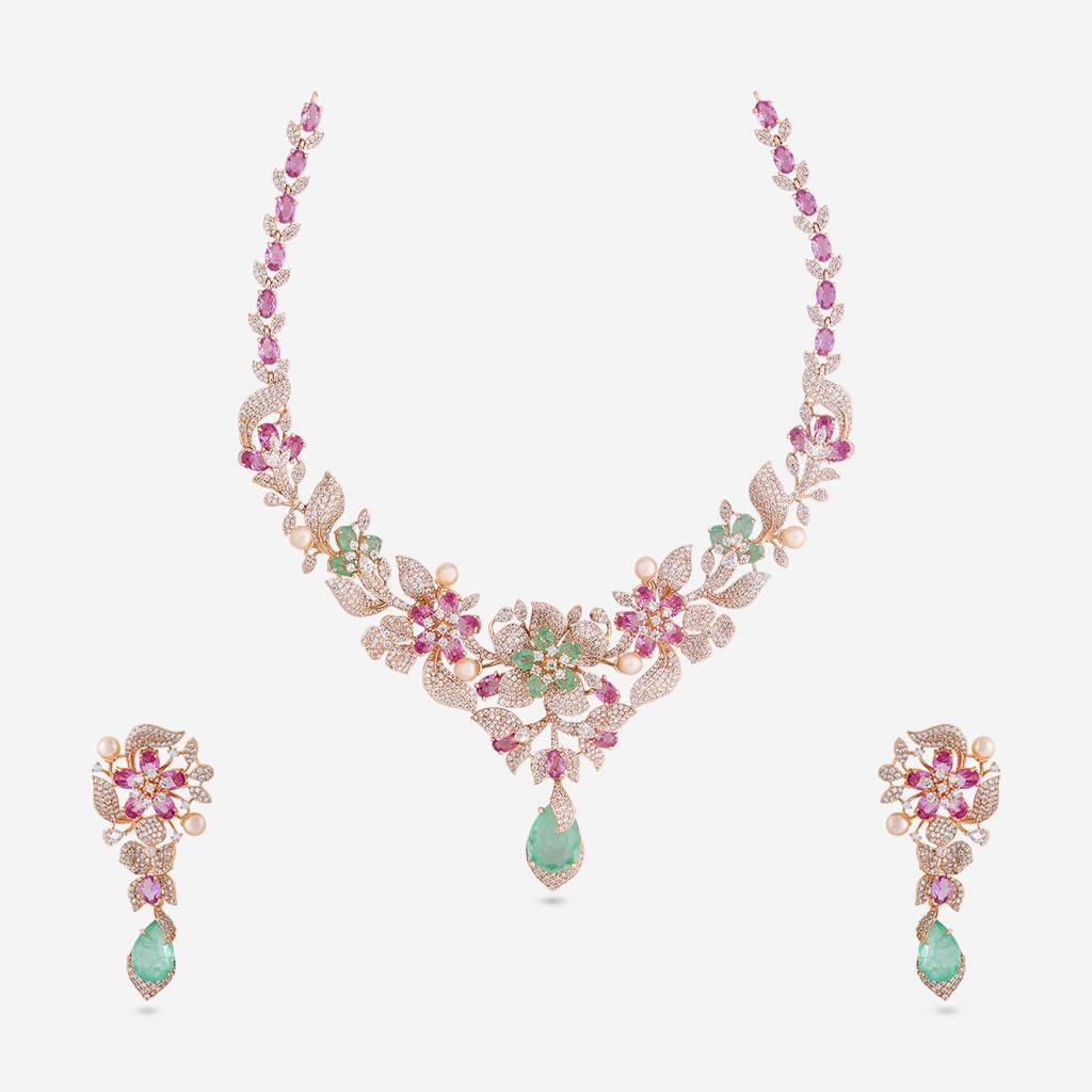 Pink-Mint Gold-Rose - Plated Party Wear Zircon Necklace - 470847 : 470847