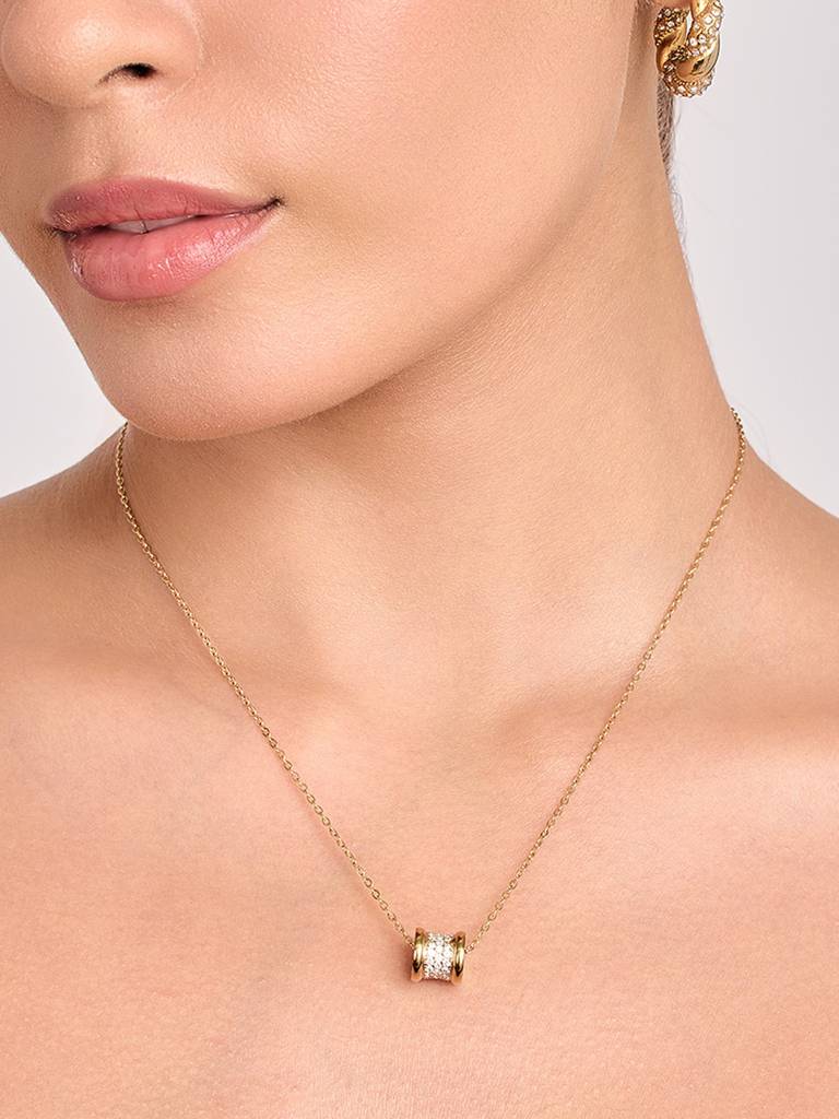 18K Gold Plated Pave Barrel Necklace Stainless Steel Waterproof & Anti-Tarnish : N26DGSS0G