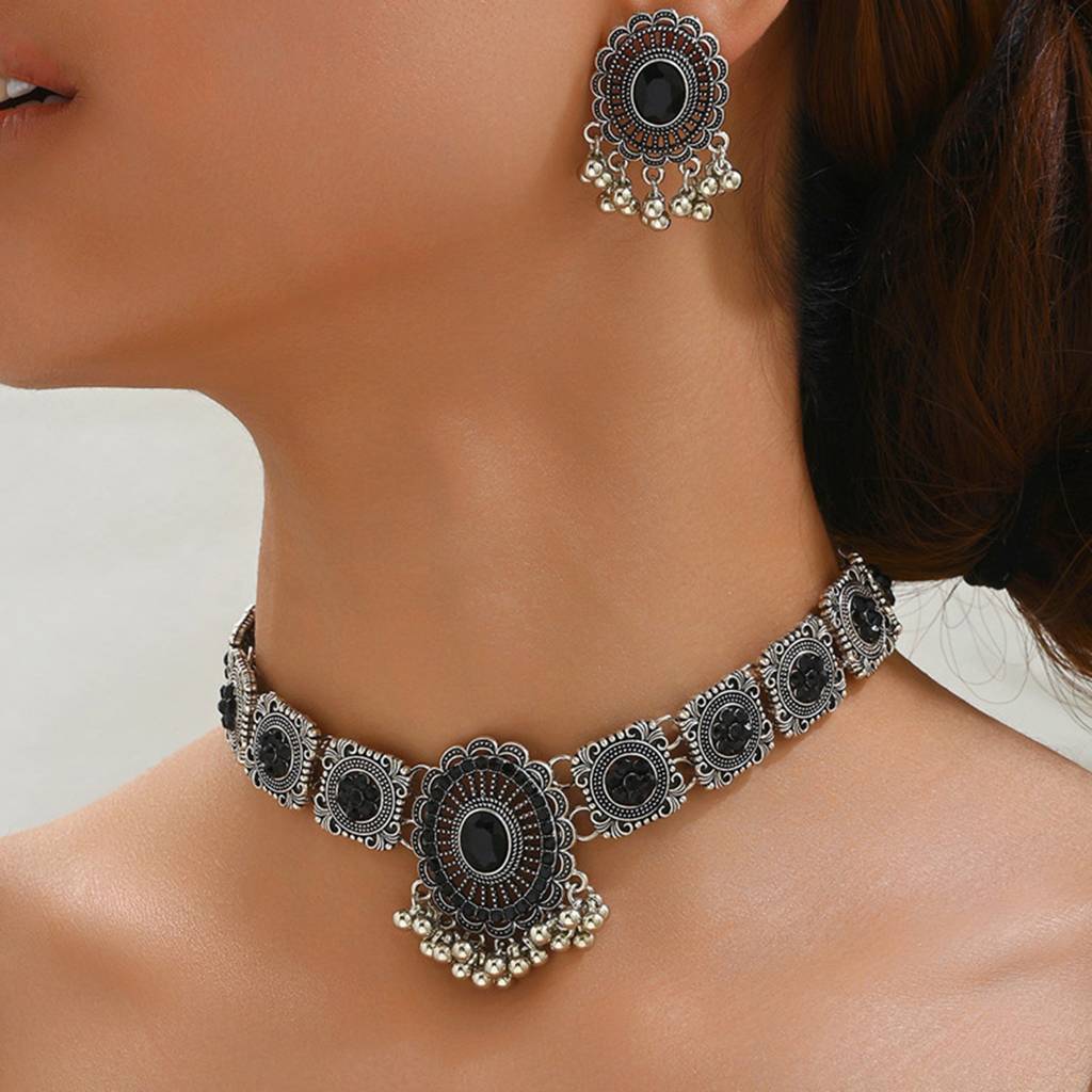 Oxidized Silver Plated Black Artificial Stone Studded Floral Style Choker Necklace With Earrings Set Fashion Jew : PX9N167OXBL