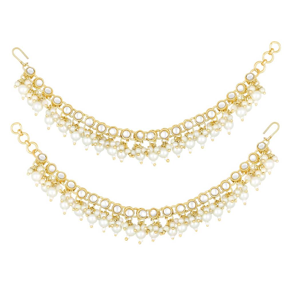 Gold Plated White Kundan Studded Earrings Chain Ethnic Stylish Fashion Hair Accessories Jewellery Gift For Women  : PF09EC004W