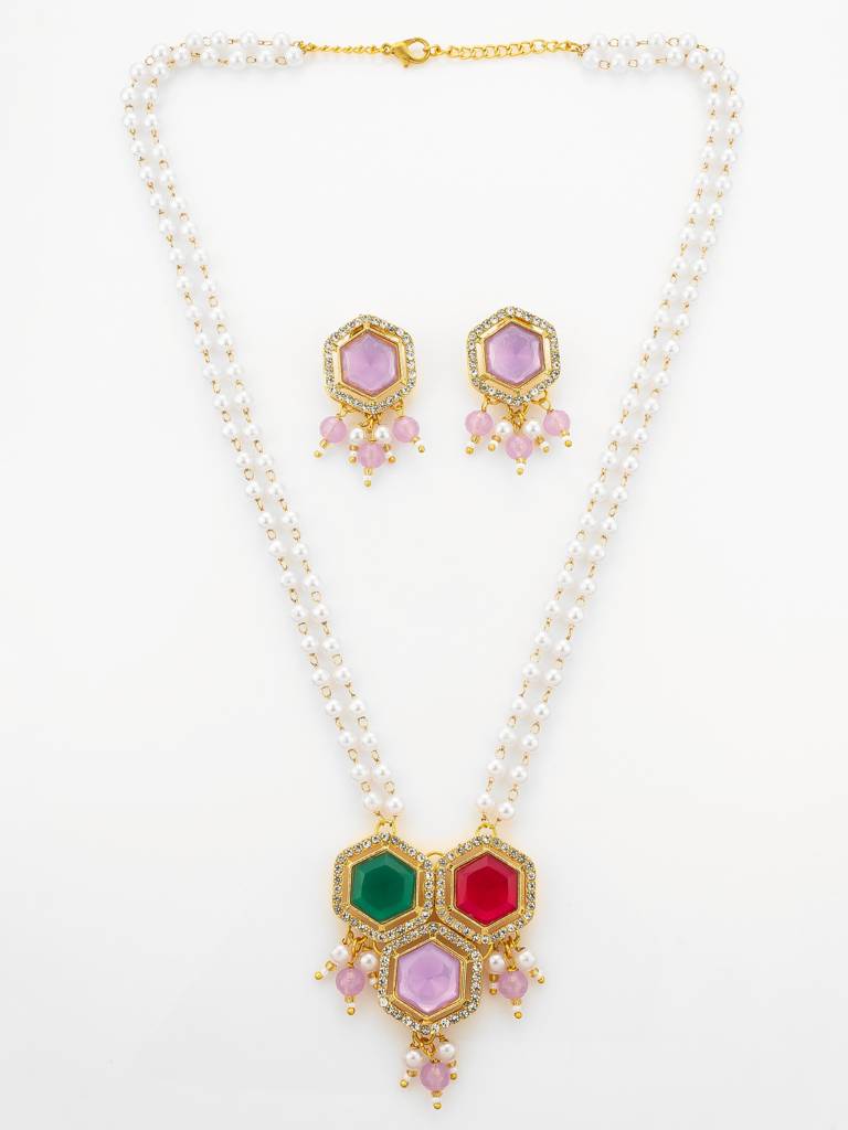Gold Plated Multi-Stone Pearl String Necklace Set With Pendant : NK4883
