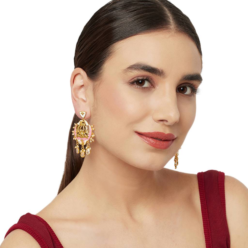Shwet Kamal Enamelled Gold Toned Jhumki Earrings : 8905124444612