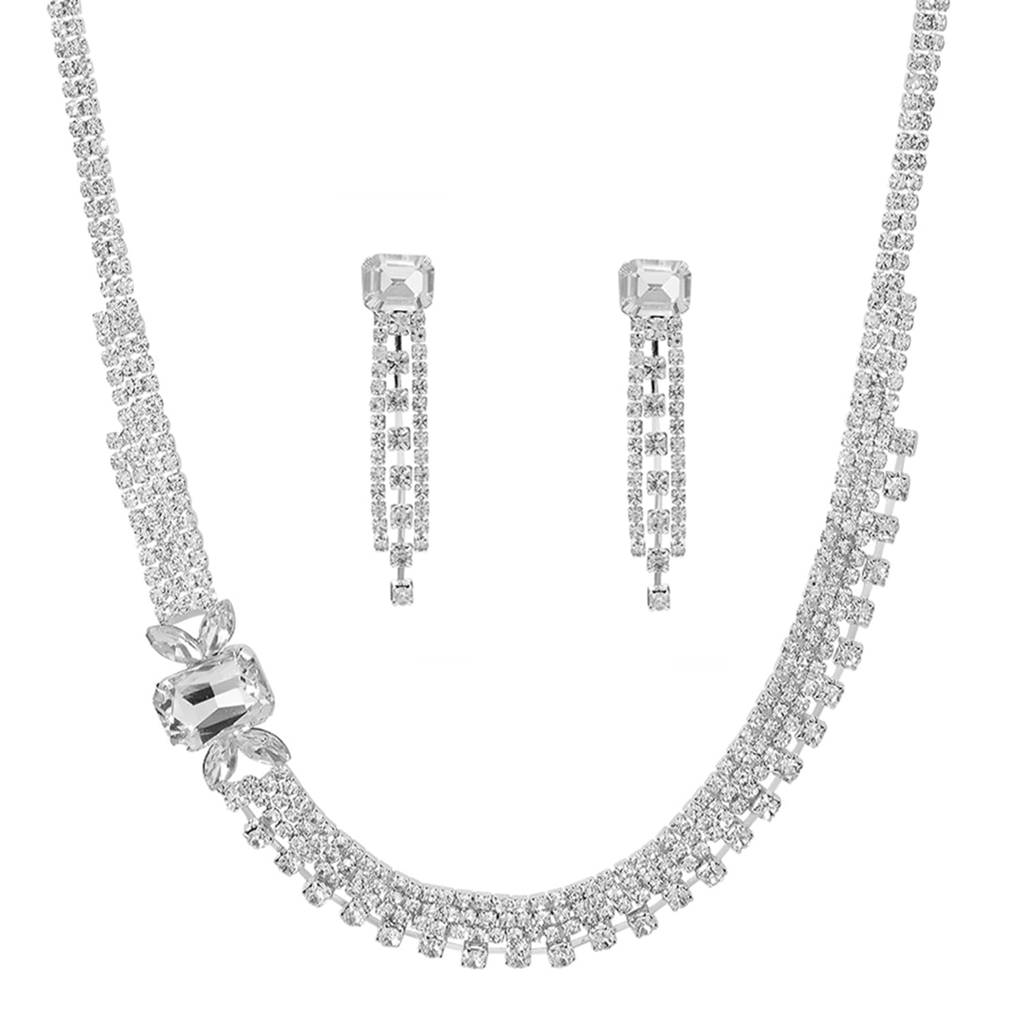 Stylish Silver Plated Sparkling Necklace Earrings Set For Women : PX9N237S