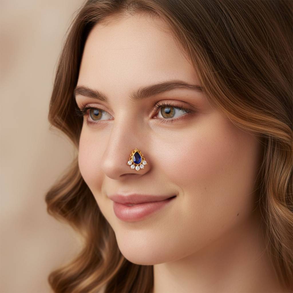 Blue Cz Tear Drop Floral Nose Pin 925 Sterling Silver Gold Plated : NP-00312-BlueCz