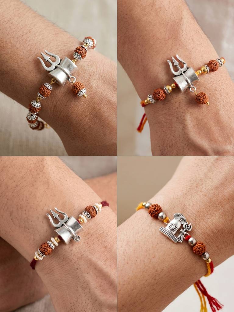 Rudraksha Rakhi Set Of 4 For Brothers With Silver Trishul Design With Roli, Chawal & Card (241-Jpr1-1 : 241-JPR1-1982-S-4-2026