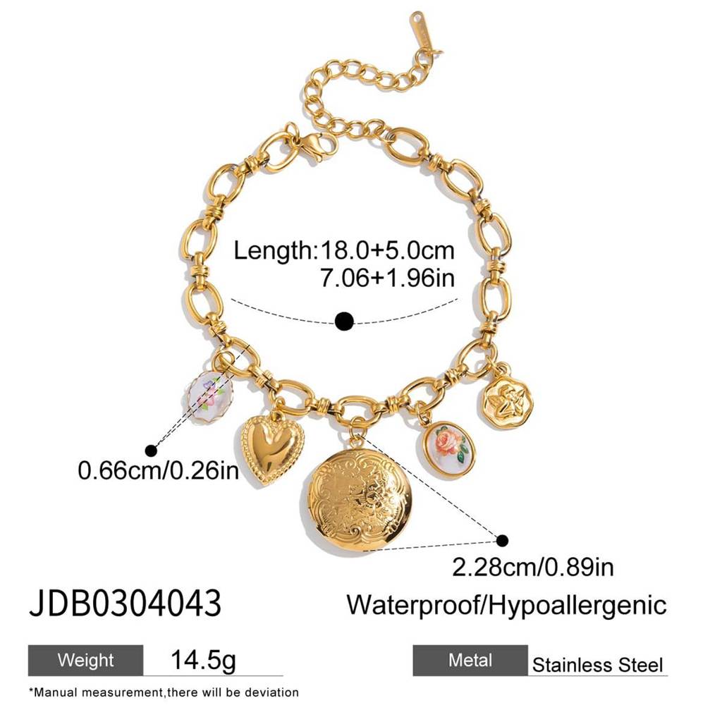 Golden Stainless Steel Premium & Elegant Charm Bracelet For Women – Adjustable Link Chain Bracelet With Floral & He : B0304043