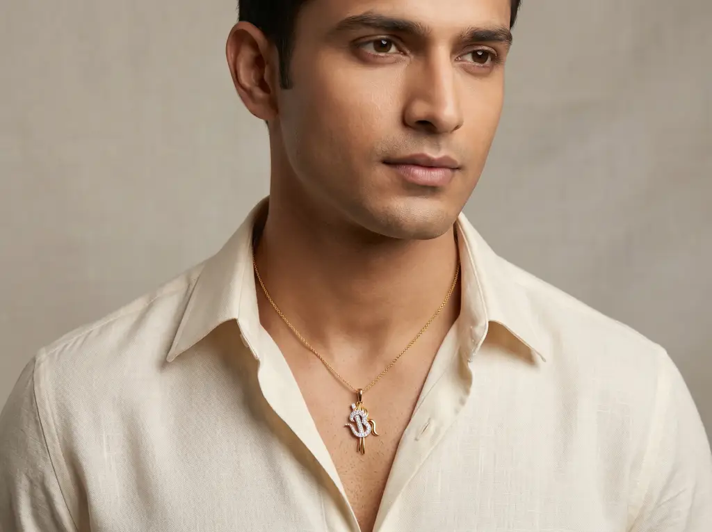 Om Diamond Men'S Pendant | Khanda-Inspired Design With Round Brilliant Diamonds : PD-CC-CZP-36-YE-Silver925-LabD