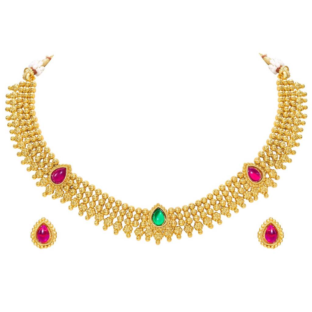 Gold Plated Rani Pink Synthetic Stone Studded Long Necklace Jhumki Earrings Jewellery Set For Women & Girls : PF04N67RPG