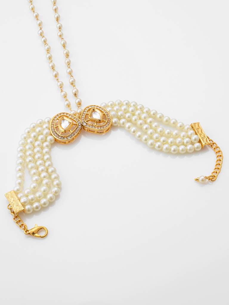 Gold Plated Kundan & Pearl Haathphool Bracelet Â€“ Dual Teardrop Hand Harness Jewelry For Women & Brides : BG2593