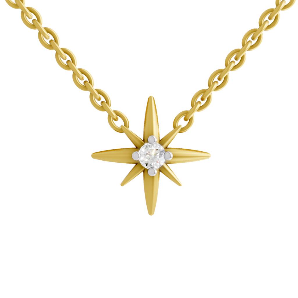 Lab Grown Diamond 0.07Ct Round 925 Sterling Silver Gold Plated Star Necklace : SQN19726-NK-925S-007CT