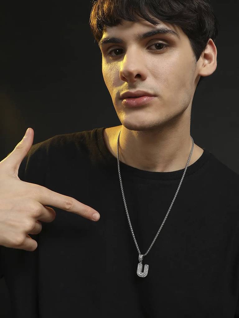 Men'S Embellished Alphabet Pendant Necklace - Silver : FANC1071-U