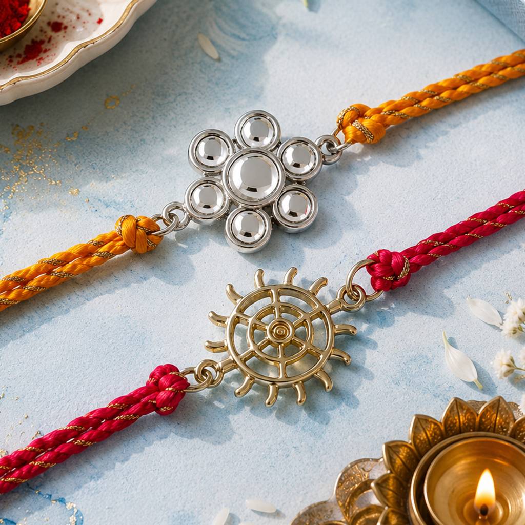 Gold & Rhodium Plated Sacred Sign, Kundan Polki Work Bracelet With Austrian Crystals And Fancy Silk Thread ( : COMBO-228-RAKHI