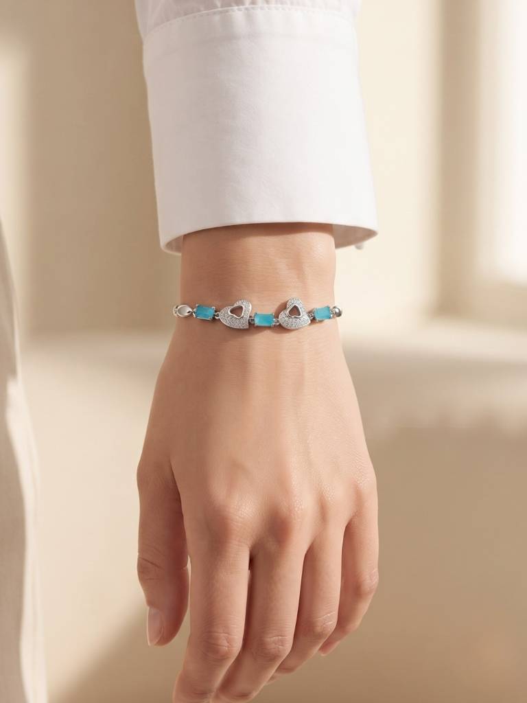 925 Silver Aquelle Twinheart Bracelet For Women : BR-74