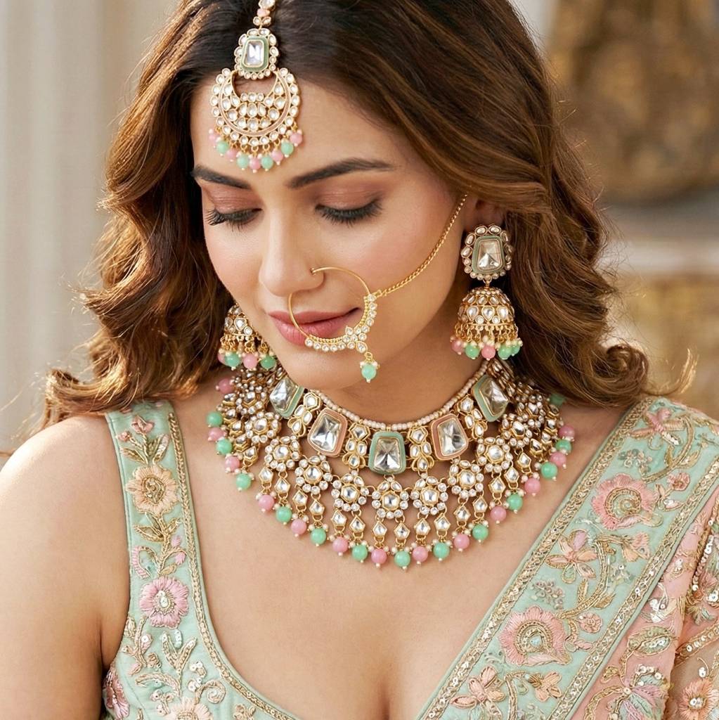 18 Kt Gold Plated Bridal & Semi-Bridal Necklace Set With Earrings, Maang Tikka & Nath : 2476-M8SK-1101-PKMNT