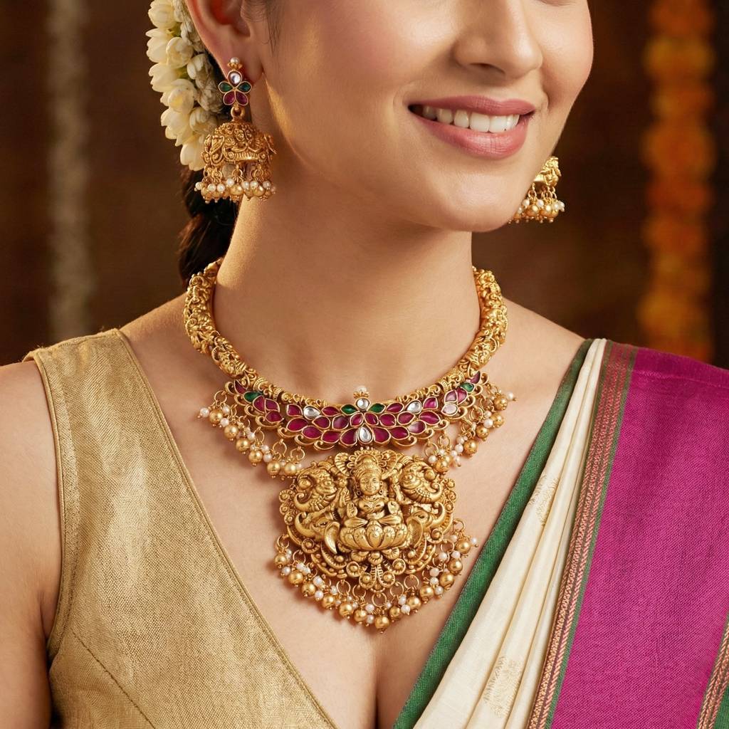 Gold Plated Temple Set With Goddess Lakshmi Pendant, Red & Green Stone, Antique Traditional South Indian Bri : 1634-ISR-2180-R