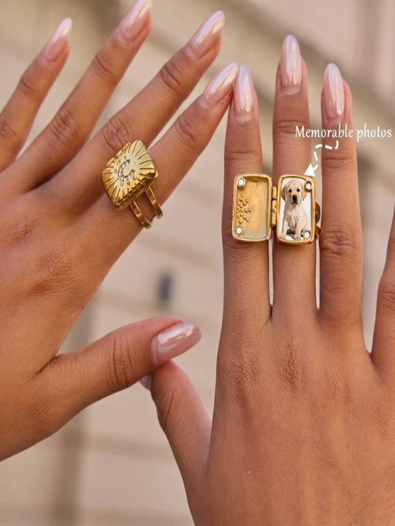 Photo Locket Statement Ring Anti-Tarnish Waterproof 18K Gold Plated For Women : AWX0925R8006