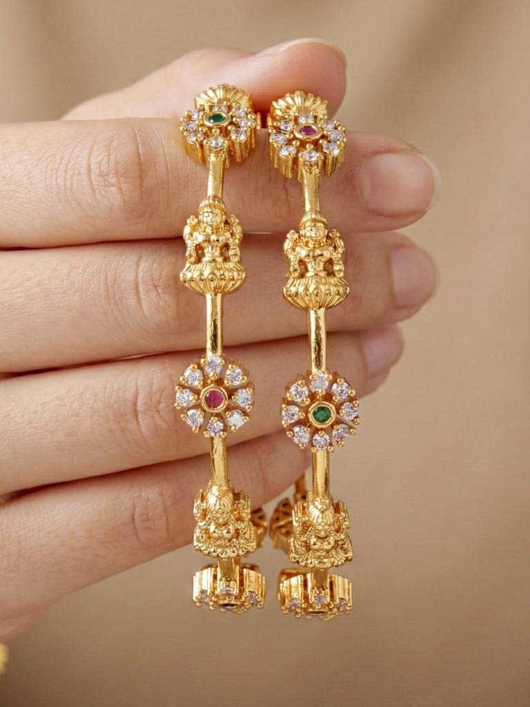 Gold Plated Laxmi Ji Floral Design Ad Bangle For Women With Pink & Green Stones | Temple Style Bridal Eth : 699-C1BG-2200-2-24