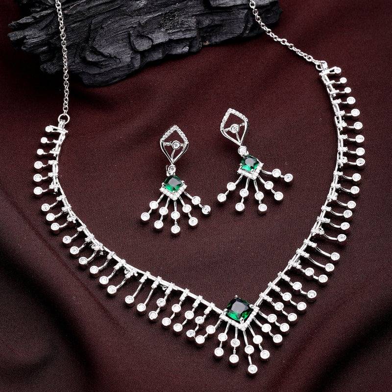 Lavish Glow: Rhodium Plated Green American Diamond Fringe Necklace Set – Timeless Elegant Jewelry For Weddin : AD-822-IRGNNKER