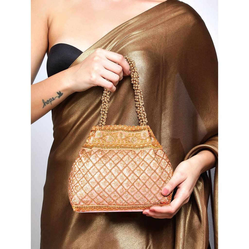 Peach Patterned Potli Bag Ethnic Wristlet Purse For Women & Girls : P121PCH