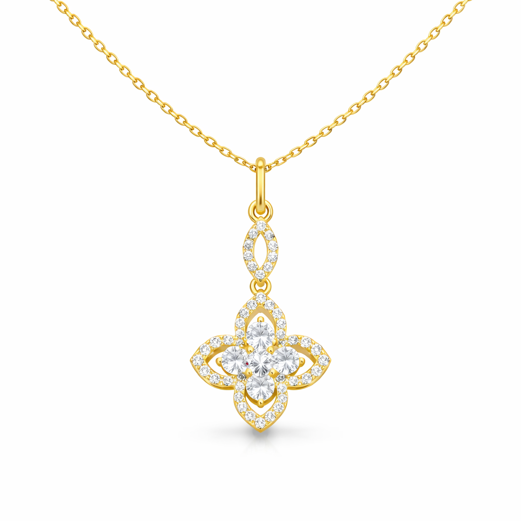Royal Bloom Gold Pendant – Crystal Floral Elegance : TRPRDJ0112