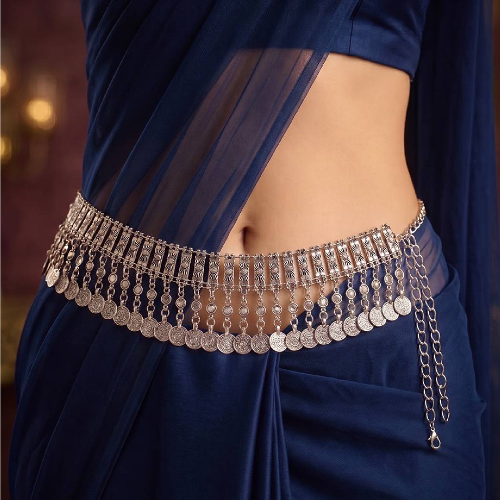 Ethnic Coin Tassel Boho Belly Chain Kamarband For Women & Girls Silver Plated Festive Bridal Jewellery Anniversar : PX9BCH064S
