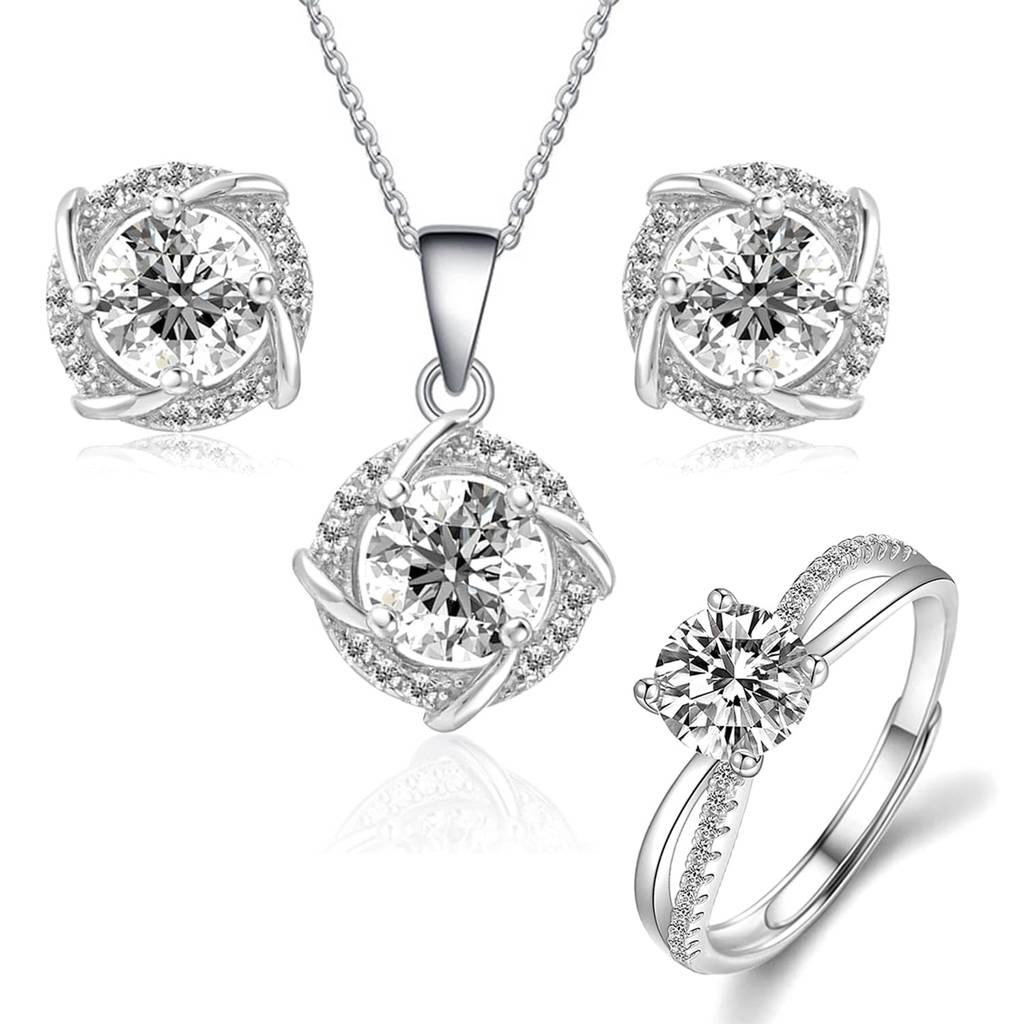 Silver Plated Cubic Zirconia Studded Pendant Chain Finger Ring & Stud Earrings Stylish Set Jewellery Gift For Women  : PX9PS08