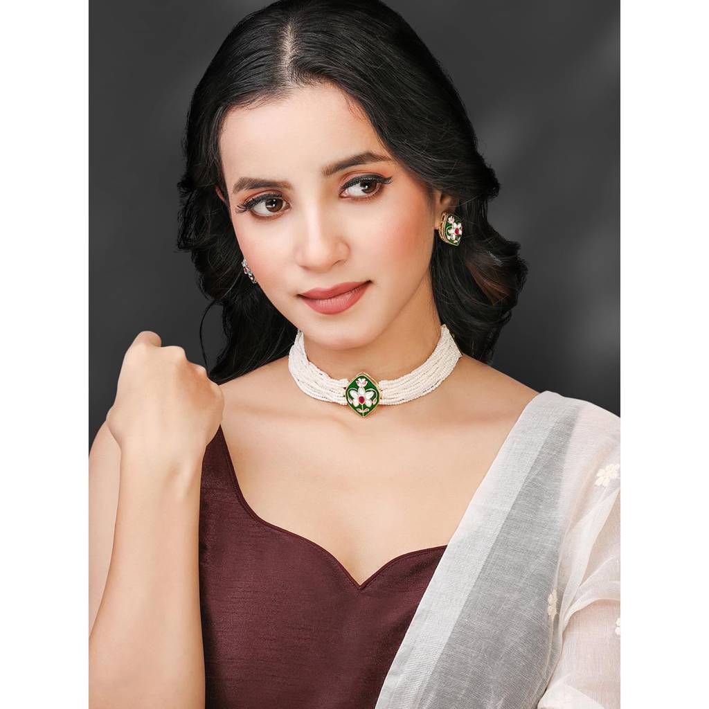 Gold Plated White Synthetic Stone & Beads Studded Meenakari Necklace Stud Earrings Jewellery Set For Women Girls : PF04NK2604G