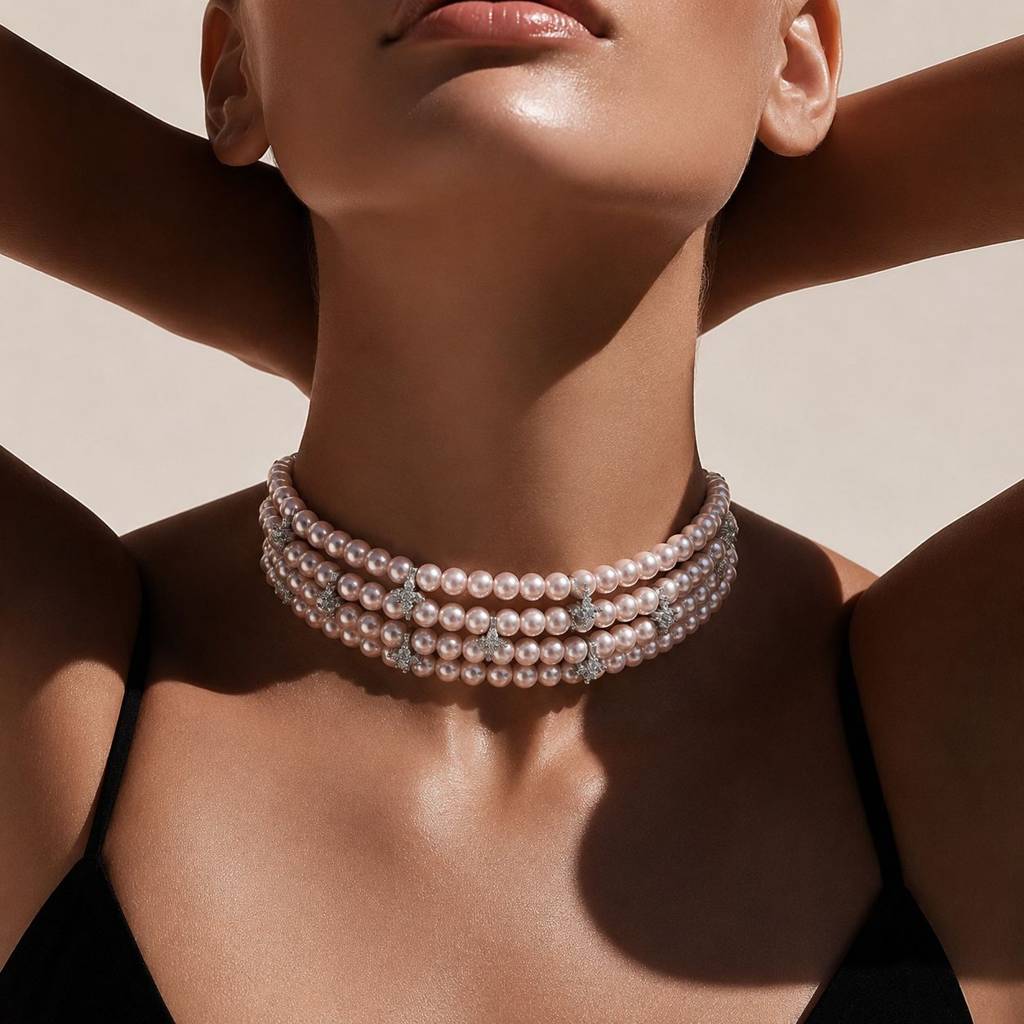 Anti Tarnish Pink Pearl Layered Choker Necklace Set With Earrings For Women | Pink Pearl Wedding, Party Wear & Fest : 500055_2