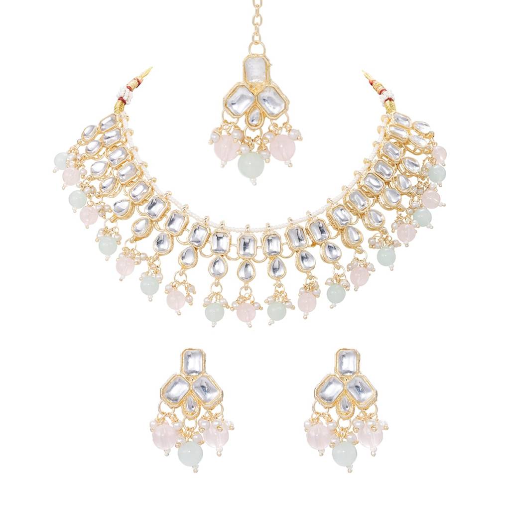Mint Pink Crystals Studded Necklace Earrings Maangtikka Set For Women | Festive & Bridal Jewellery, Anniver : PF04NK11175PKMNT