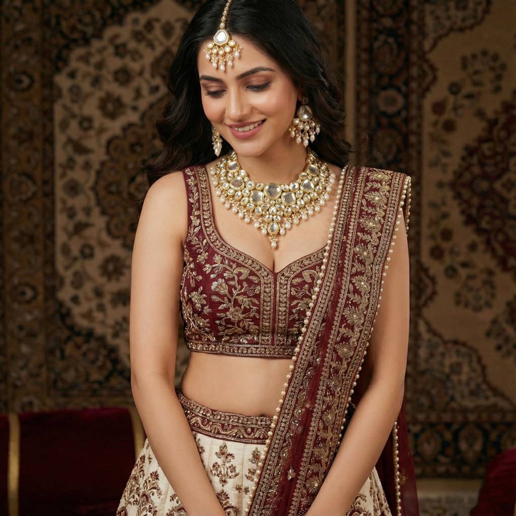 18 Kt Gold Plated Bridal & Semi-Bridal Necklace Set With Earrings & Maang Tikka : 3947-J5SK-1574-W