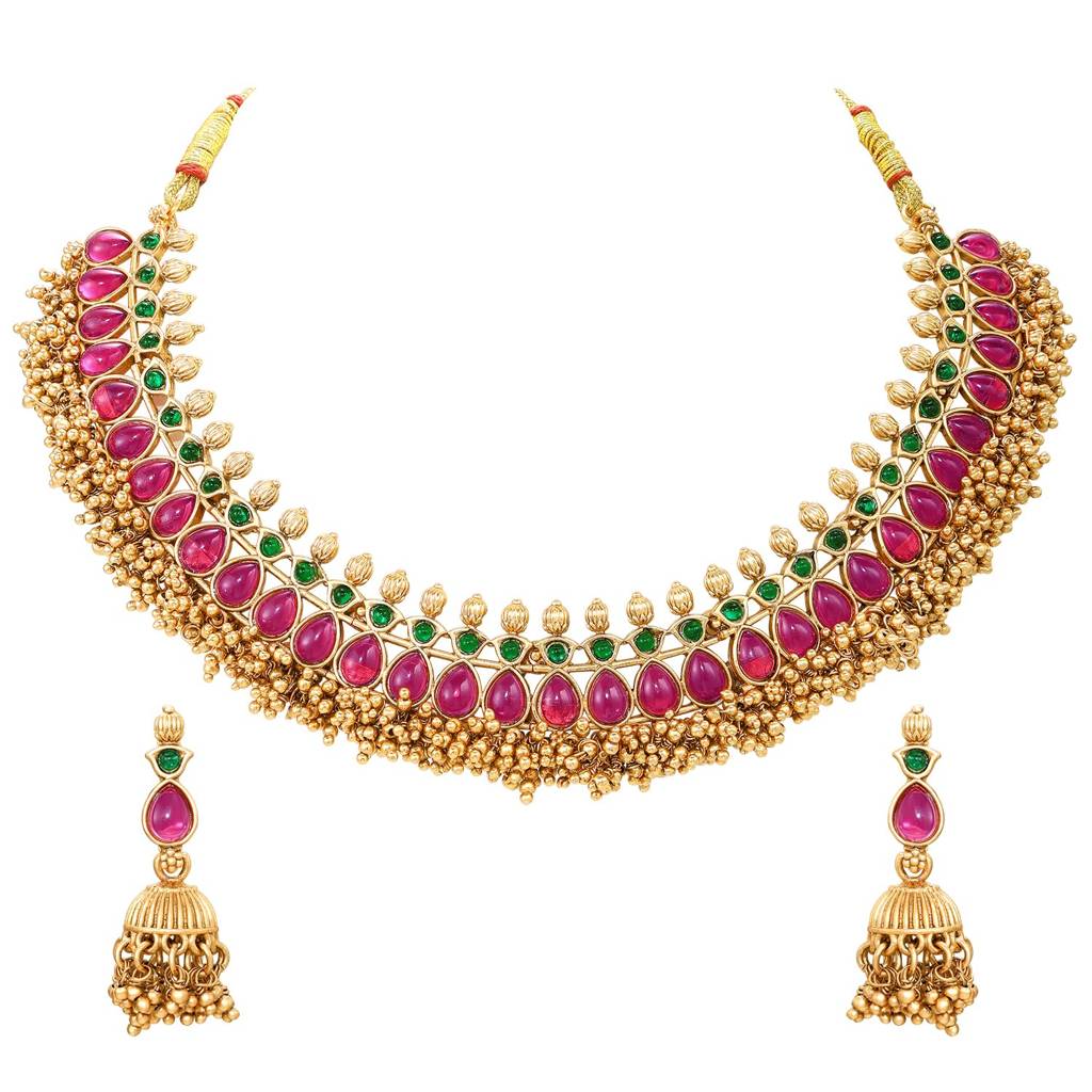 Rani Pink Green Gold Plated Necklace Earrings Set Jewellery For Women : PF109N013RPG