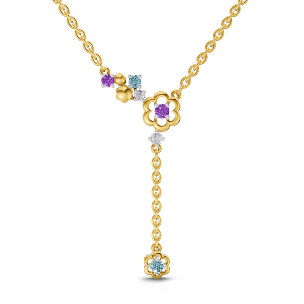 Lab Grown Diamond 0.07Ct Round 925 Sterling Silver Gold Plated Floral Necklace : SQN19710-NK-925S-007CT