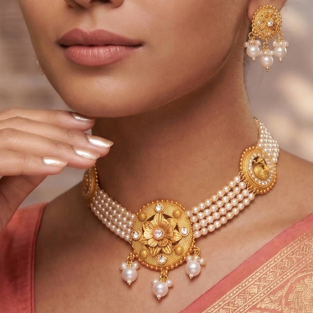 Women'S Gold Plated Ethnic Necklace Earrings Set Beads & Cubic Zirconia Studded Festive & Bridal Jewellery Anniver : PF104N27G
