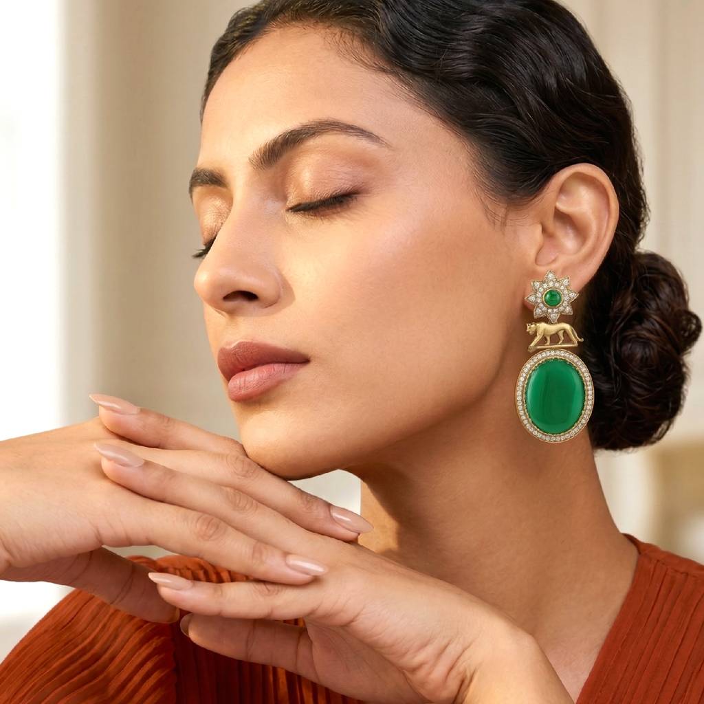 Green Ethnic Dangle Earrings For Women & Girls | Gold Plated | Cubic Zirconia Faux Emerald Studded | Festive Bridal : PF77E05G