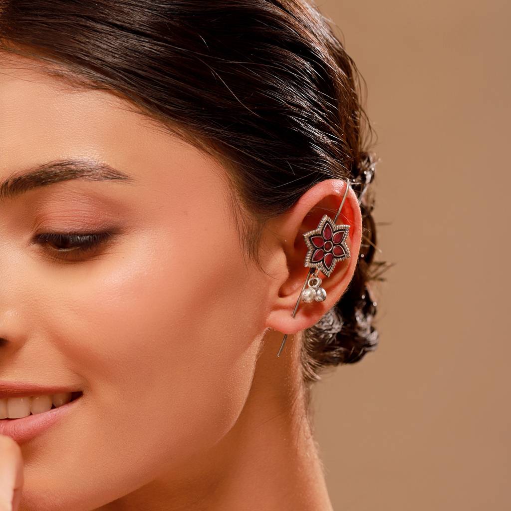 Pink Floral Oxidised Ear Cuffs - Antique Elegance : 8905124582468