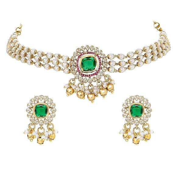 Red Ethnic Necklace Earrings For Women & Girls Gold Plated Faux Ruby Cz & Pearl Studded Festive Bridal Jewellery B : PF76N06RG