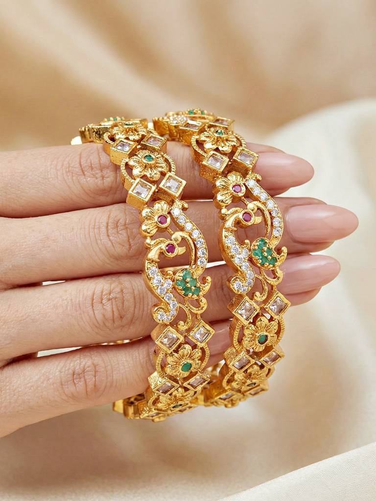 Gold Plated Peacock Design Ad Bangle For Women With Green & Pink Stones | Floral Ethnic Wedding Festive  : 1049-C1BG-2214-2-24