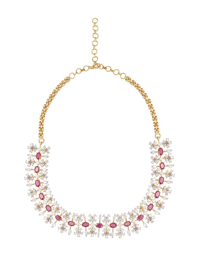 American Diamond Ruby Bloom Necklace Set : YI24A0870N