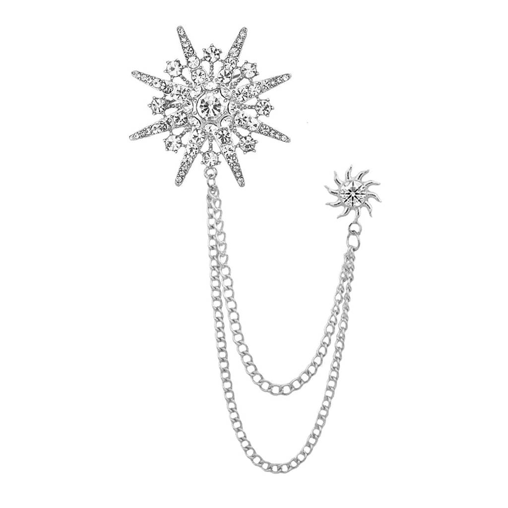 Silver Plated Cubic Zirconia Studded Star & Sunshine Double Chain Pin Brooch Jewellery For Men : PX9BH15S