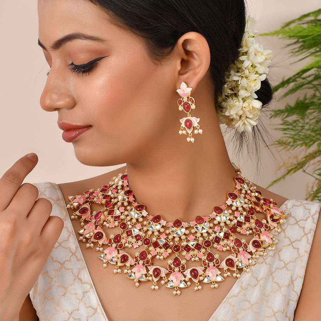 Forever More Pink Stones And Pearls Enamelled Luxurious Jewellery Set : 8905124498059