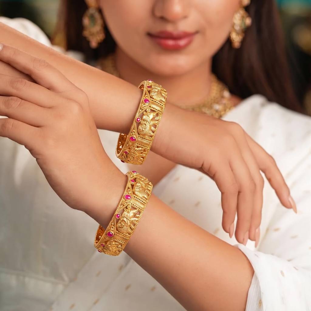 Gold Plated Rani Pink Crystals Studded Ethnic Thick Bangles For Women | Faux Ruby Studded Chuda, Set Of 2, S : PF106B05RP-S2-8