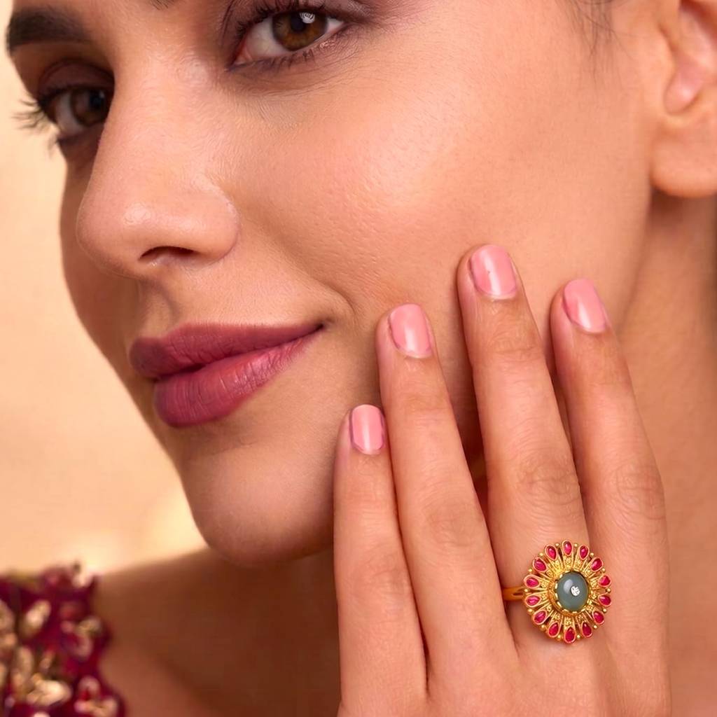 Gold Plated Ethnic Green Rani Pink Adjustable Finger Ring For Women : PF04R09RPG