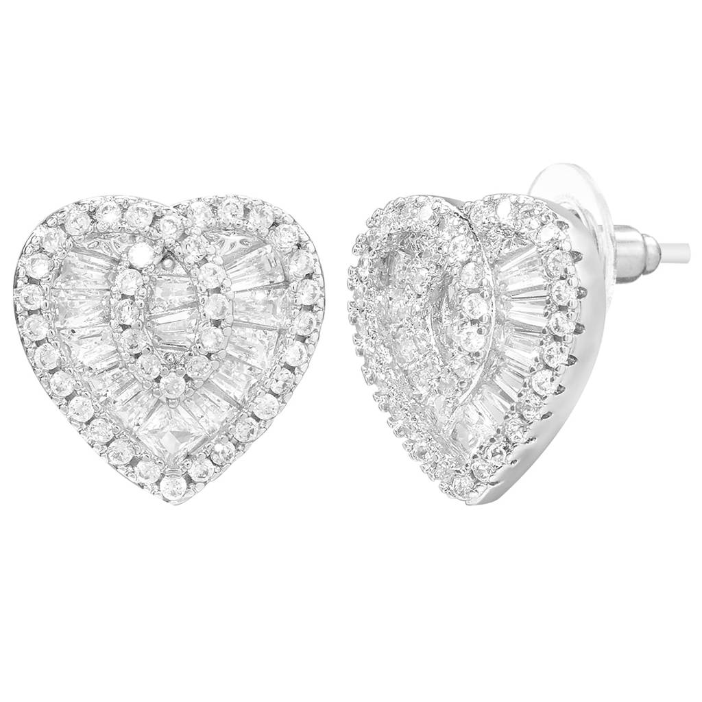 Silver Plated Crystals Studded Heart Shape Stud Earrings For Women : PX9E3144S