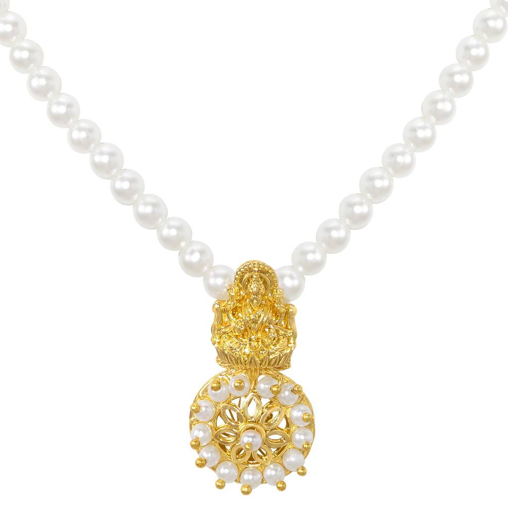 Gold Plated White Beads Laxmi Motif Ethnic Pendant Necklace For Women | Festive & Bridal Jewellery, Anniversary Bir : PF04N41W