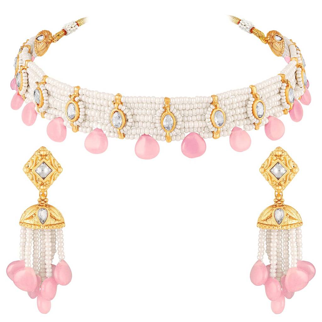 Gold Plated Pink Crystal & Beads Studded Ethnic Necklace Earrings Set Jewellery For Women & Girls : PF104N17PK